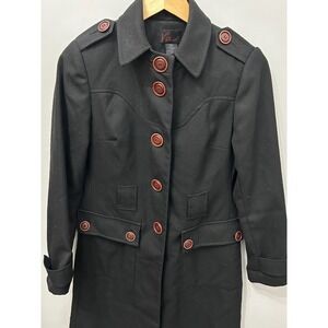 Via Black Wool Blend Military Peacoat Trench Coat Dark Academia Goth Tailored